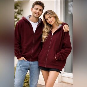 Saks Fifth Avenue Men’s Burgundy Sherpa Zip Hoodie - L (Unisex / Oversized)